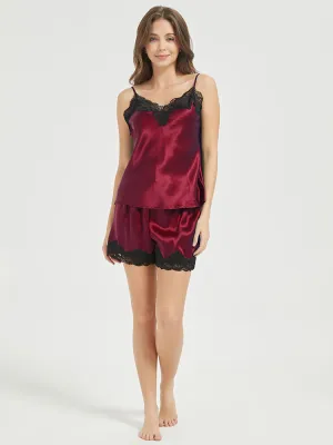 22 Momme Black Lace Silk Camisole Shorts Pajamas Set