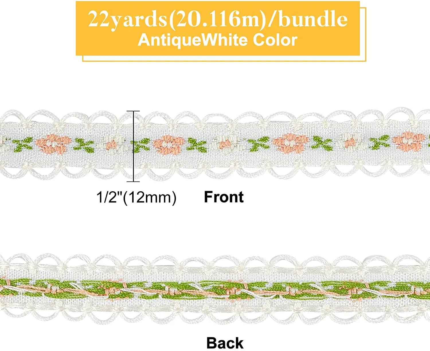 22Yards Embroidery Flower Trim1/2(12mm) Polyester Lace Trim Ribbons(Antique White) for Sewing, Craft Decoration,Wedding, or Home Decor Embellishmen