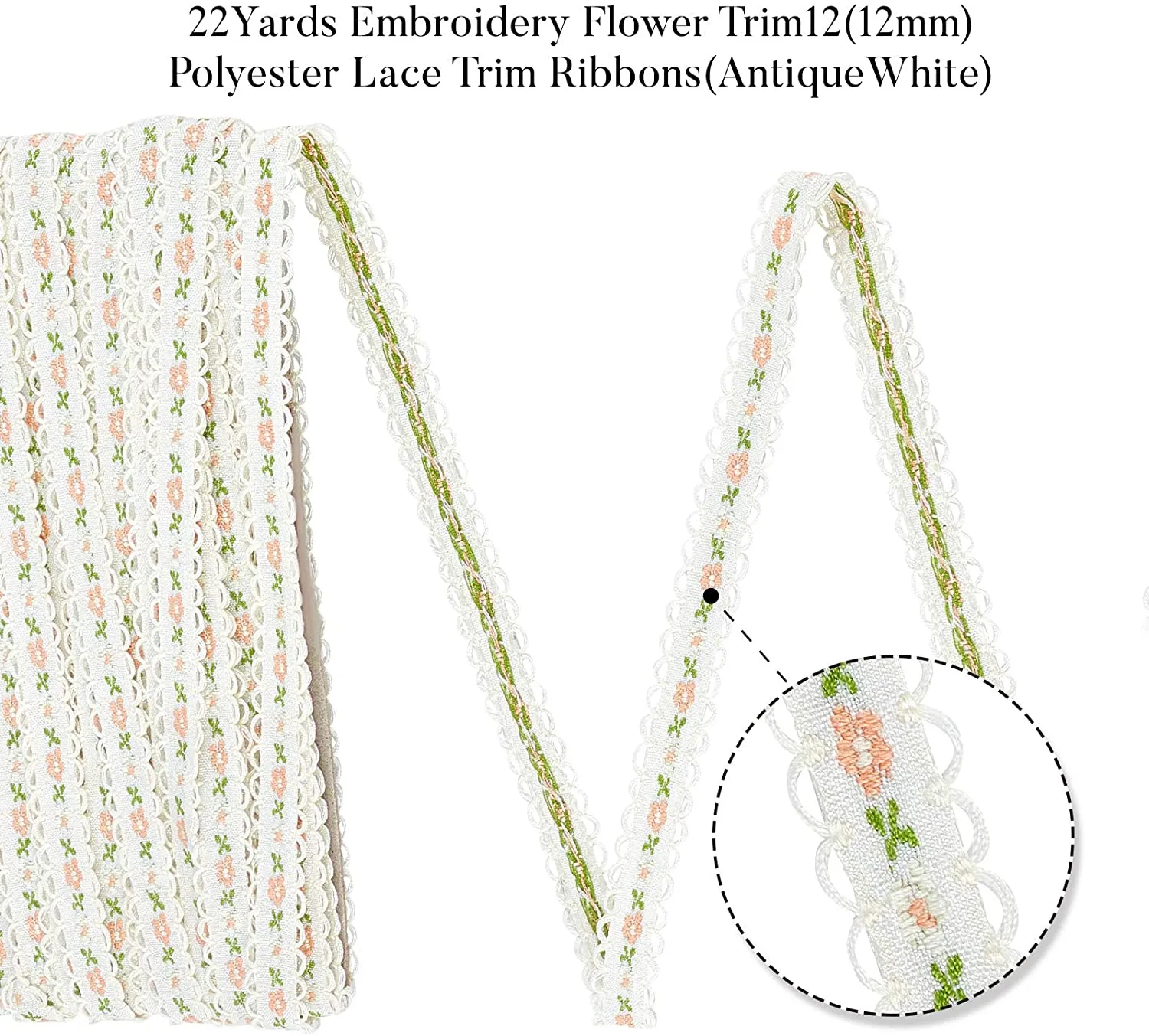 22Yards Embroidery Flower Trim1/2(12mm) Polyester Lace Trim Ribbons(Antique White) for Sewing, Craft Decoration,Wedding, or Home Decor Embellishmen