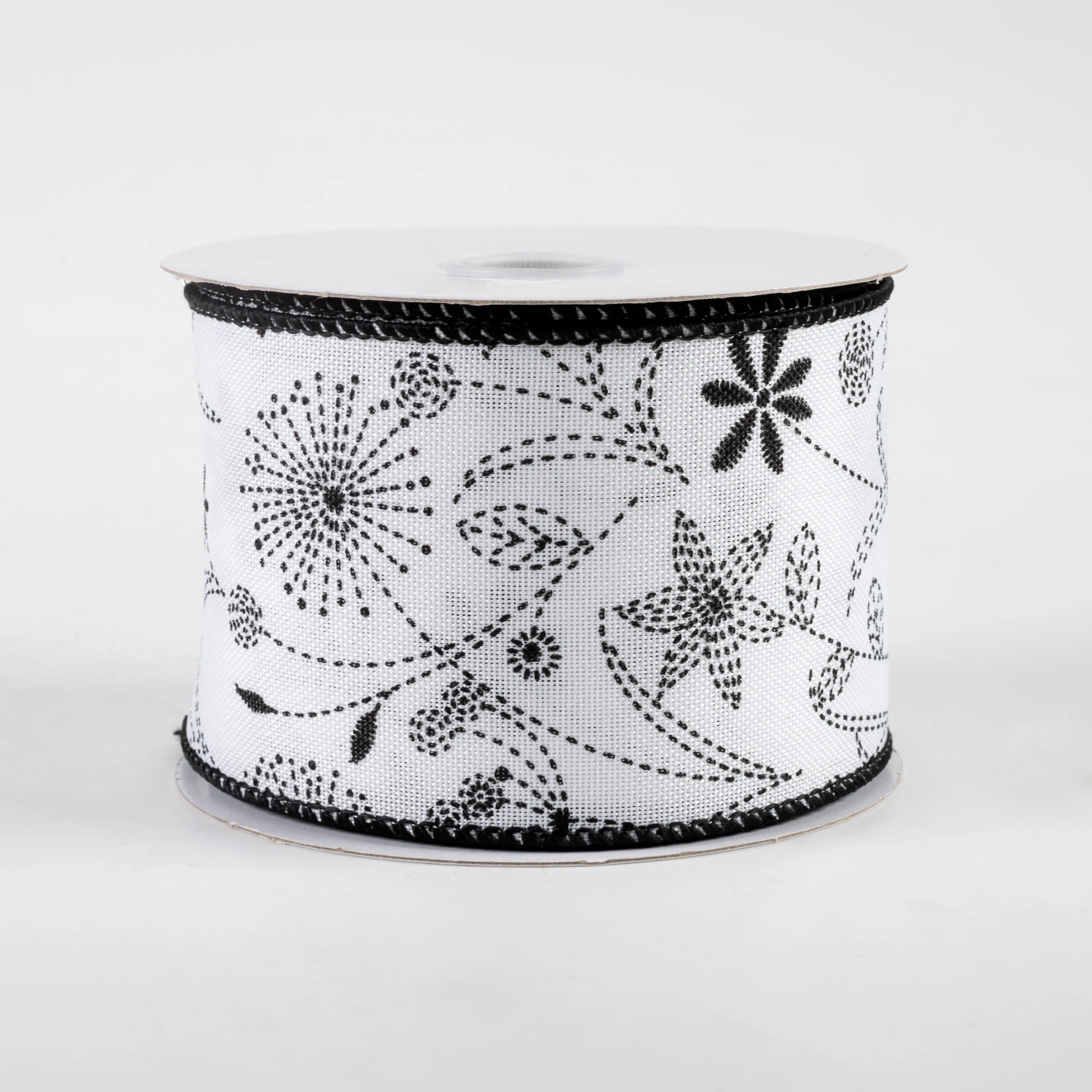2.5" Doodle Flowers Linen Ribbon: White & Black (10 Yards)