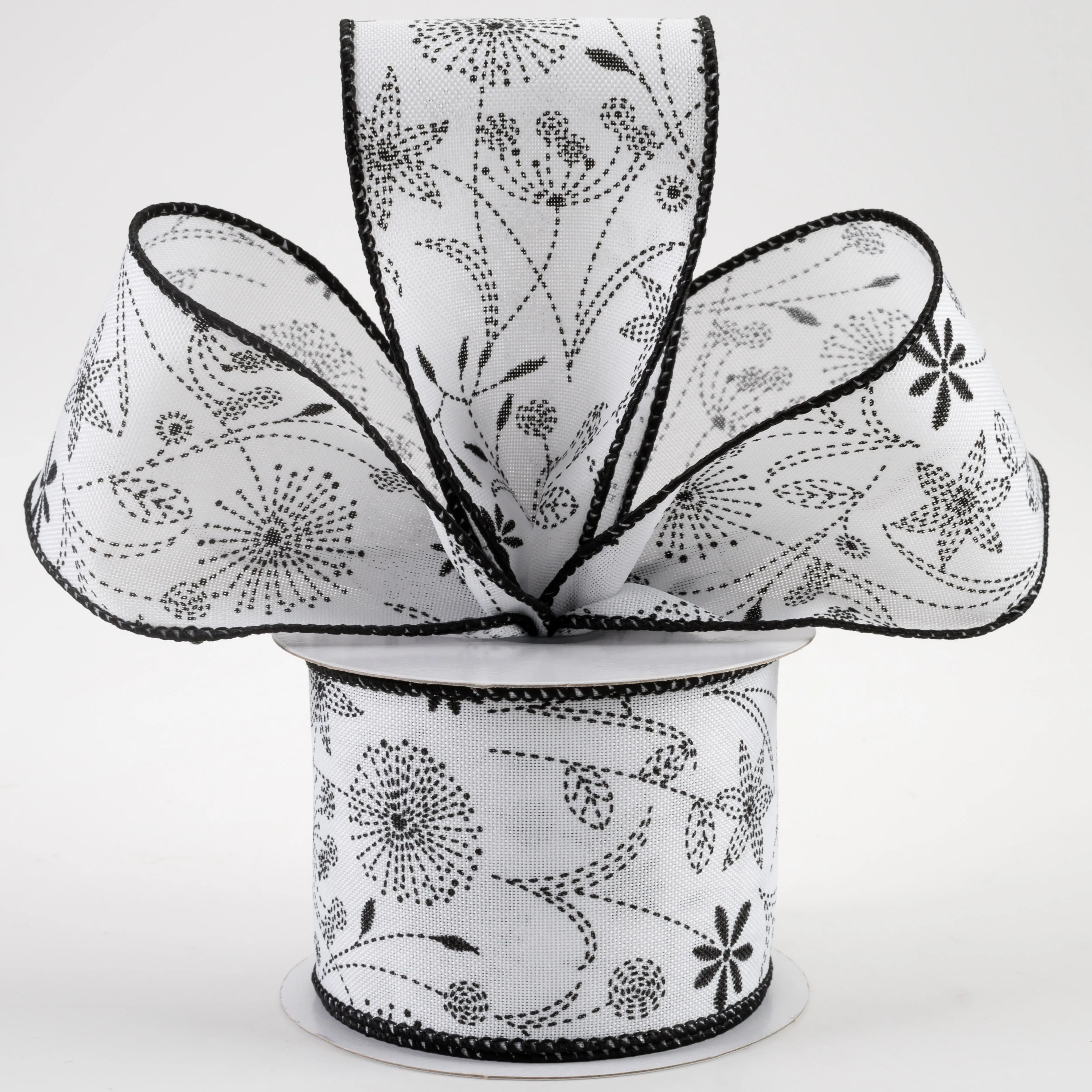 2.5" Doodle Flowers Linen Ribbon: White & Black (10 Yards)