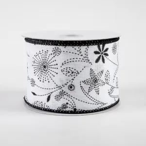 2.5" Doodle Flowers Linen Ribbon: White & Black (10 Yards)