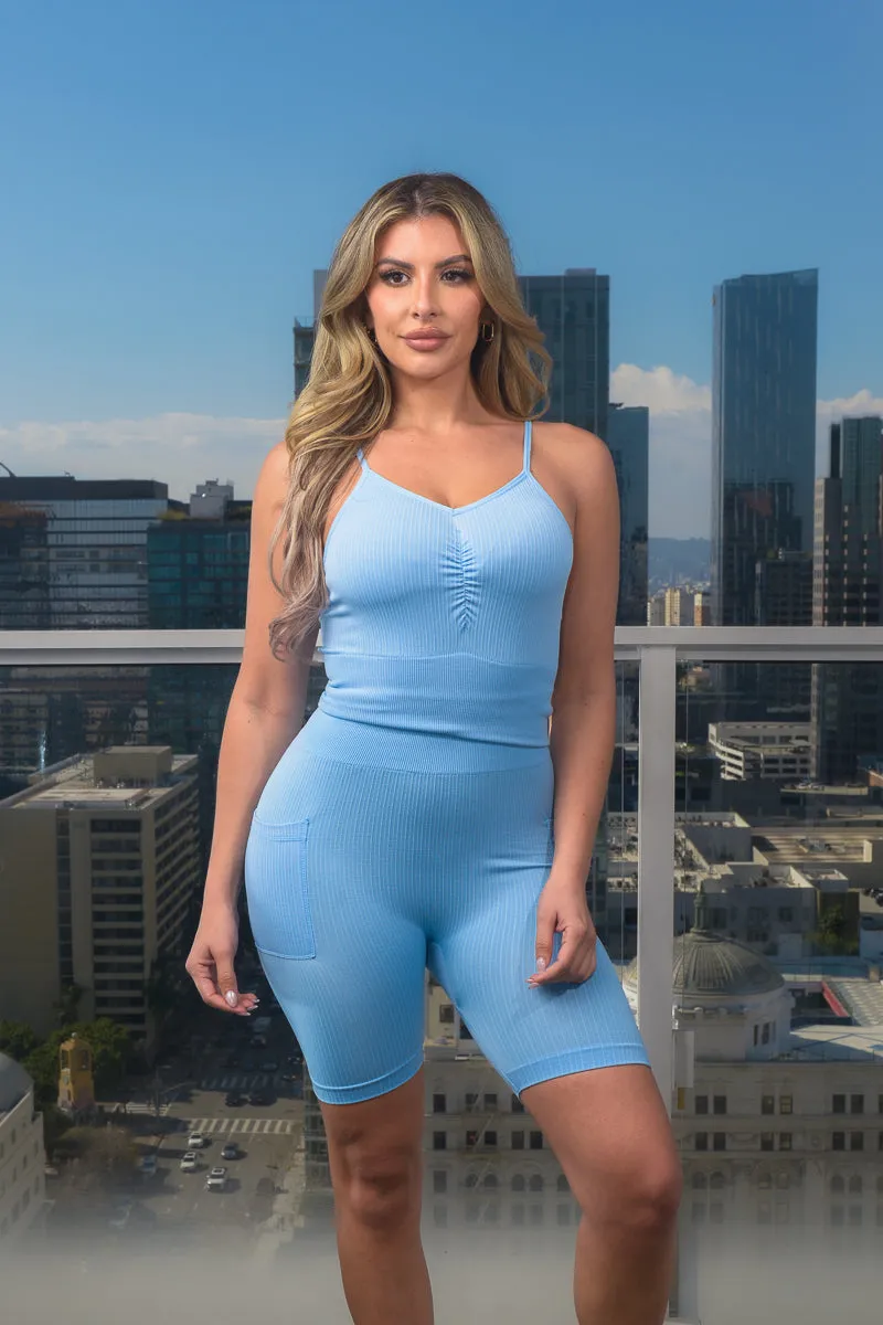 2PC. Set- Seamless Short Set V-Neck Race Back Spaghetti Strap Crop Top and High Waist Biker Shorts With 2 Side Pockets (L1023)