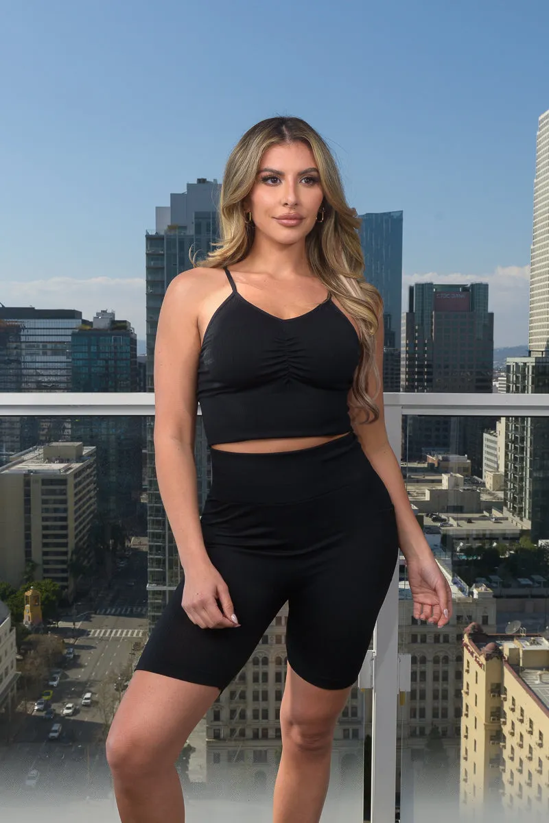 2PC. Set- Seamless Short Set V-Neck Race Back Spaghetti Strap Crop Top and High Waist Biker Shorts With 2 Side Pockets (L1023)