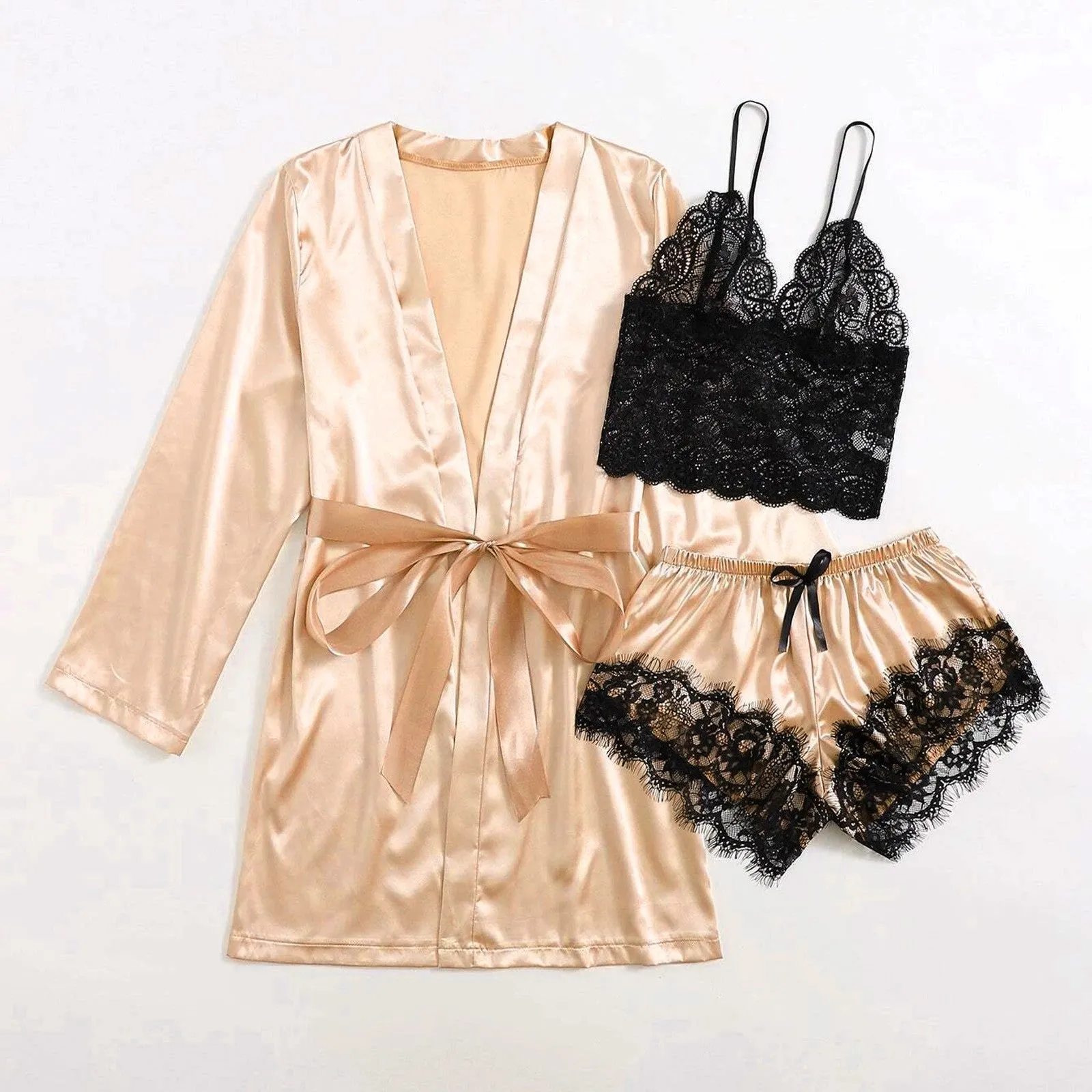 3-Piece Satin Silk Pajamas Set for Women – Sexy Lace Nightwear with Shorts, Robe, and Nightgown Sleepwear