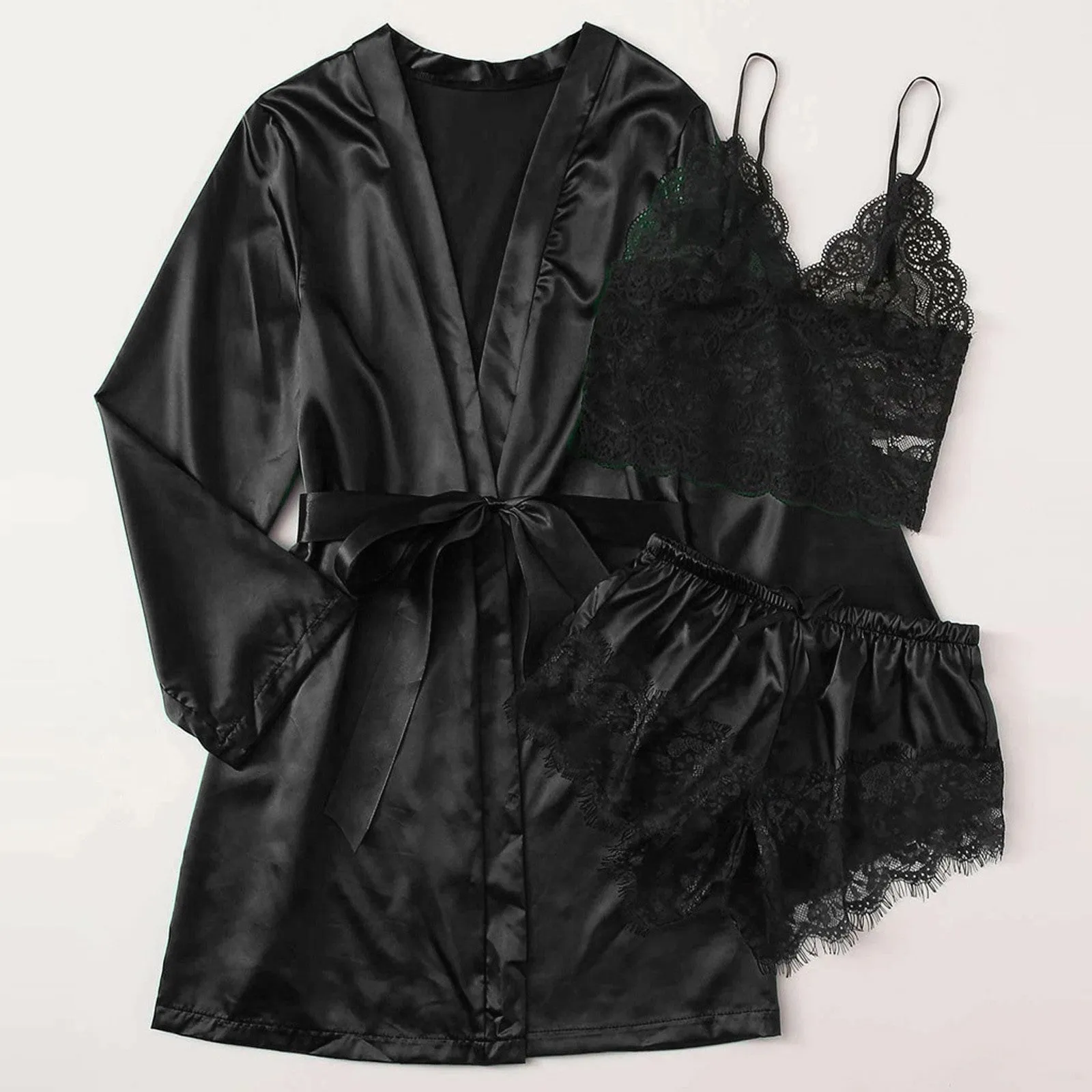3-Piece Satin Silk Pajamas Set for Women – Sexy Lace Nightwear with Shorts, Robe, and Nightgown Sleepwear