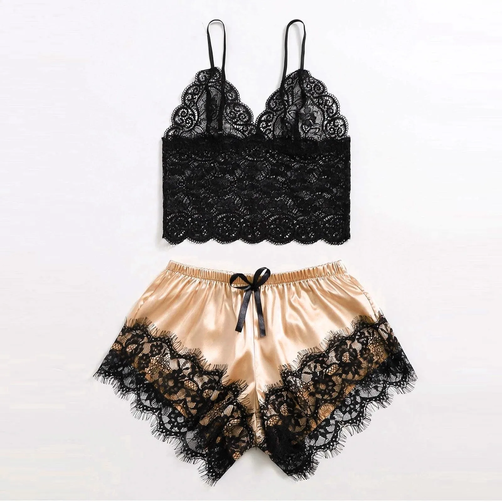 3-Piece Satin Silk Pajamas Set for Women – Sexy Lace Nightwear with Shorts, Robe, and Nightgown Sleepwear