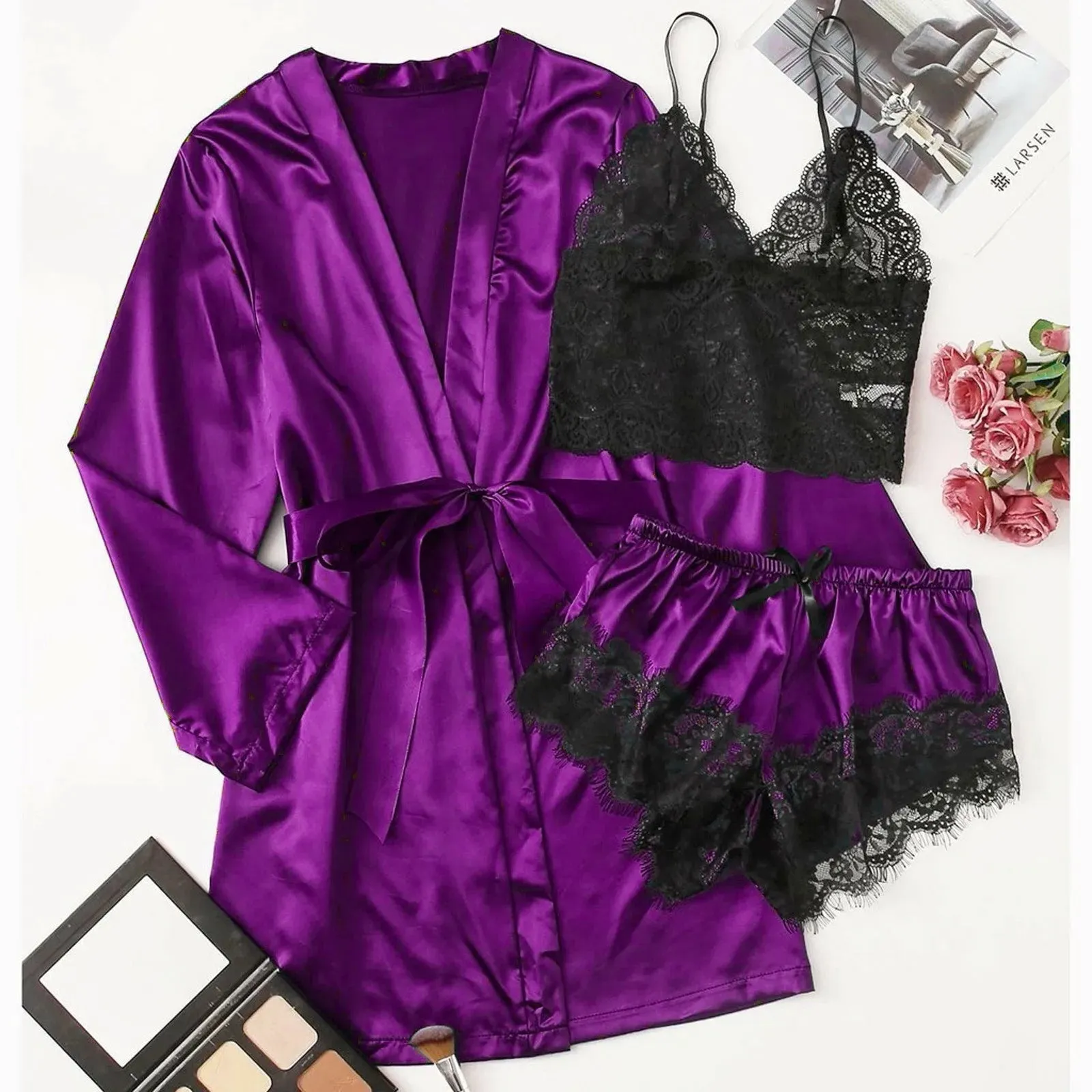 3-Piece Satin Silk Pajamas Set for Women – Sexy Lace Nightwear with Shorts, Robe, and Nightgown Sleepwear