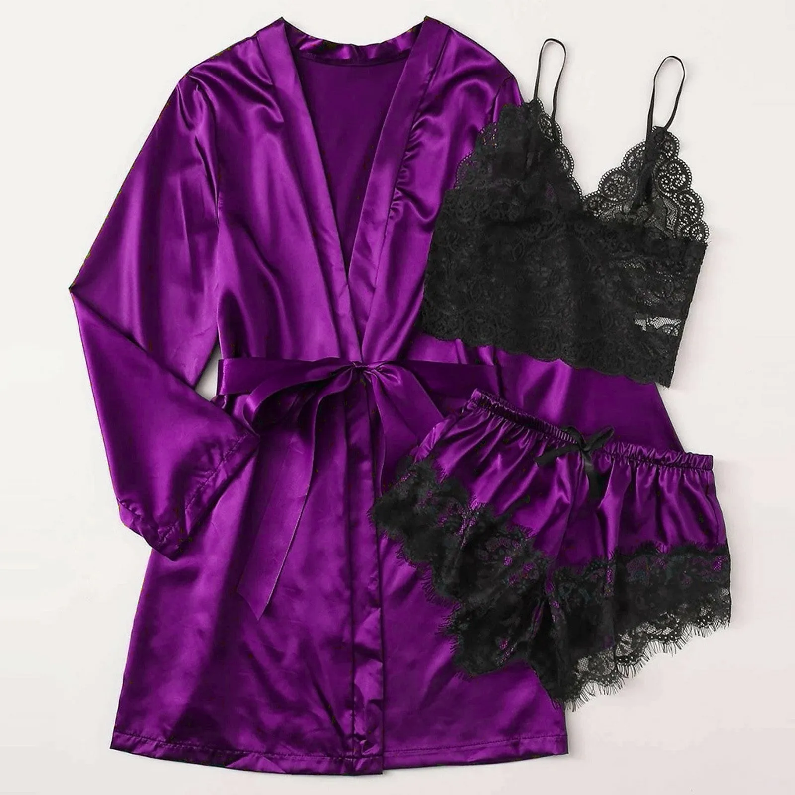 3-Piece Satin Silk Pajamas Set for Women – Sexy Lace Nightwear with Shorts, Robe, and Nightgown Sleepwear