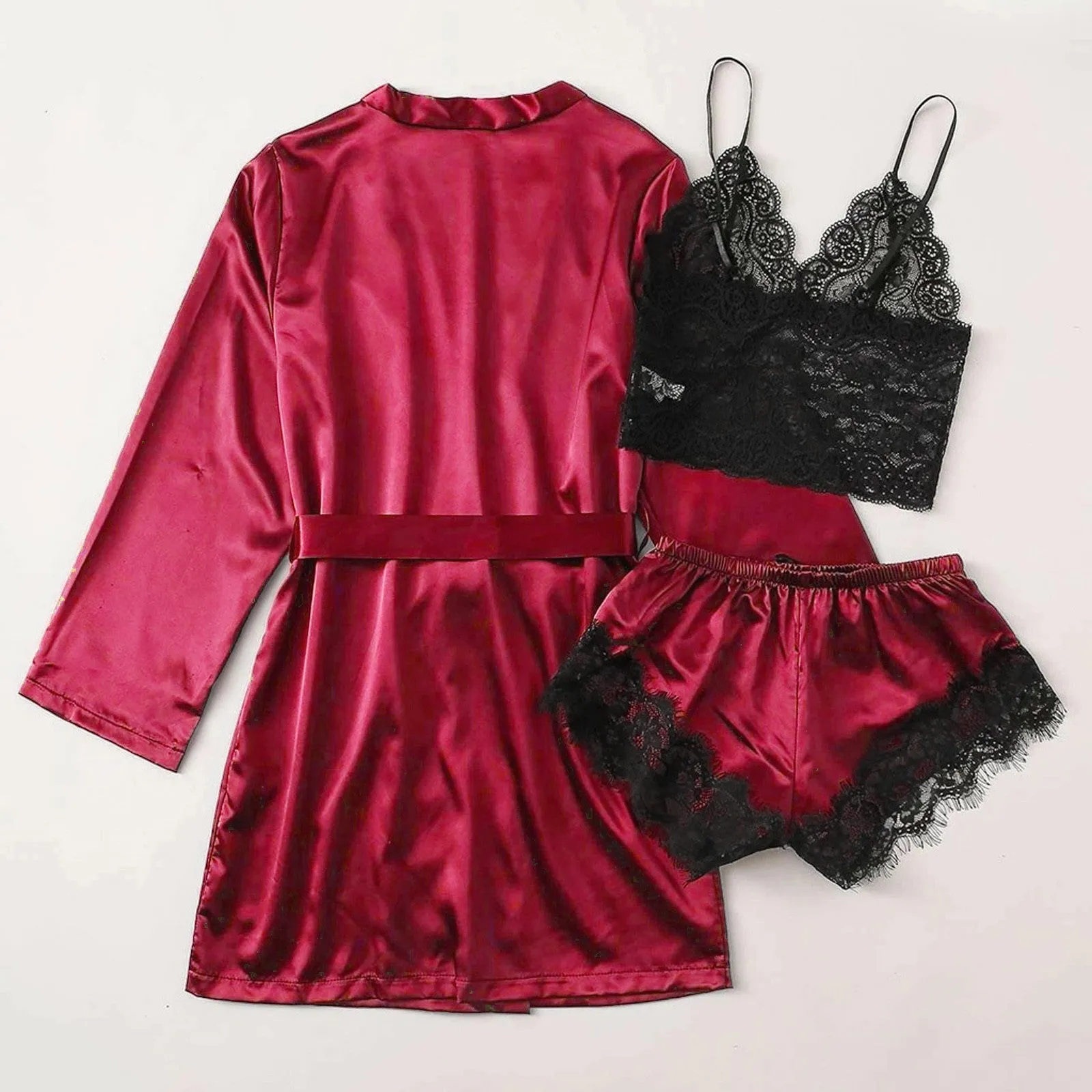 3-Piece Satin Silk Pajamas Set for Women – Sexy Lace Nightwear with Shorts, Robe, and Nightgown Sleepwear