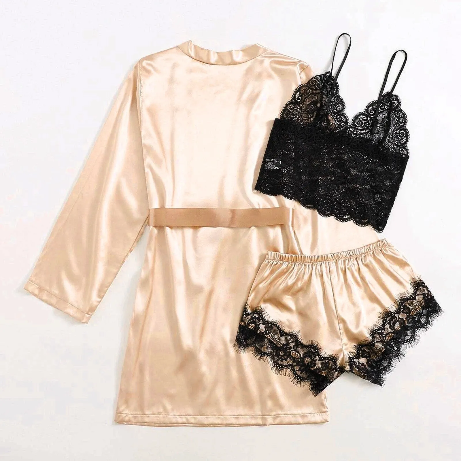 3-Piece Satin Silk Pajamas Set for Women – Sexy Lace Nightwear with Shorts, Robe, and Nightgown Sleepwear