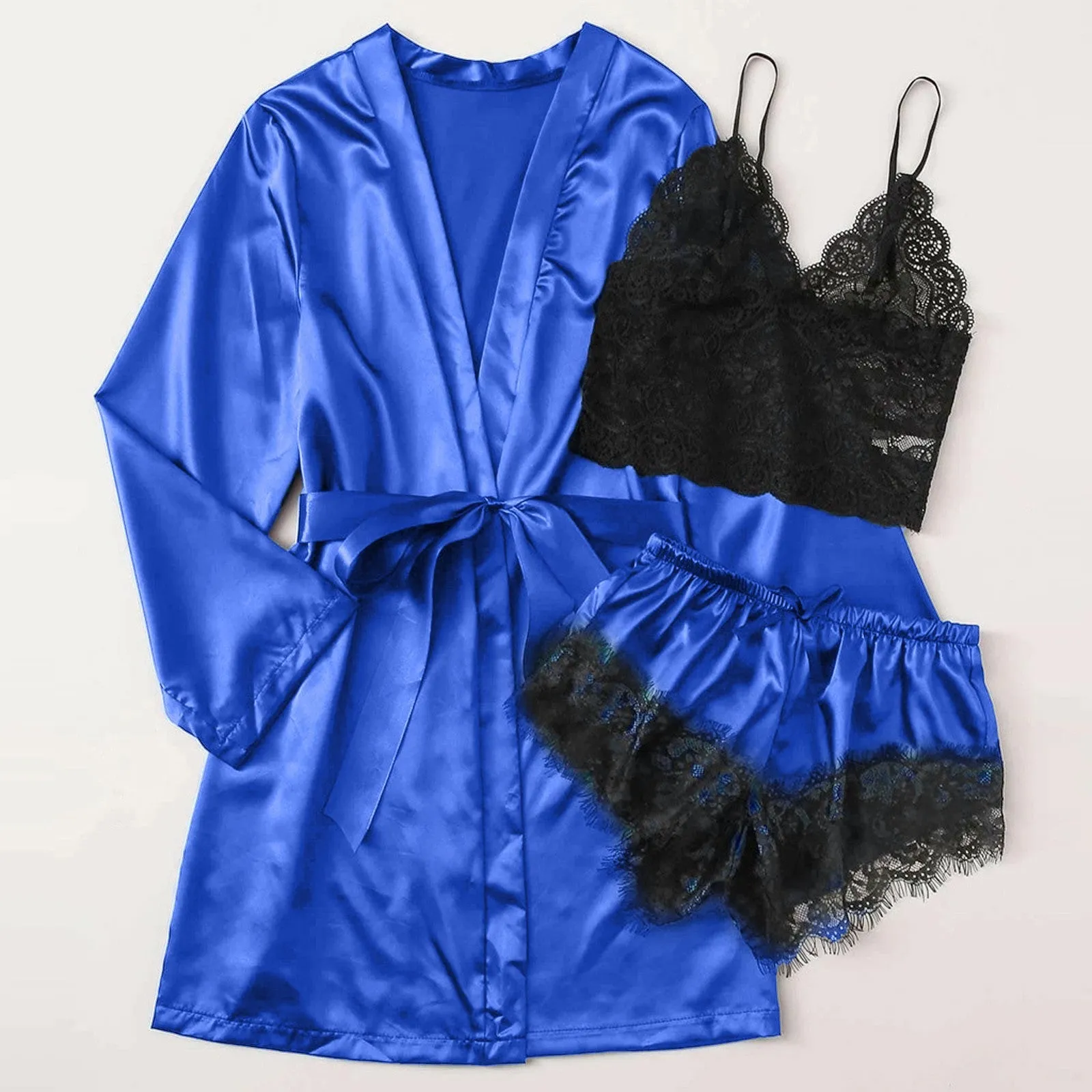 3-Piece Satin Silk Pajamas Set for Women – Sexy Lace Nightwear with Shorts, Robe, and Nightgown Sleepwear