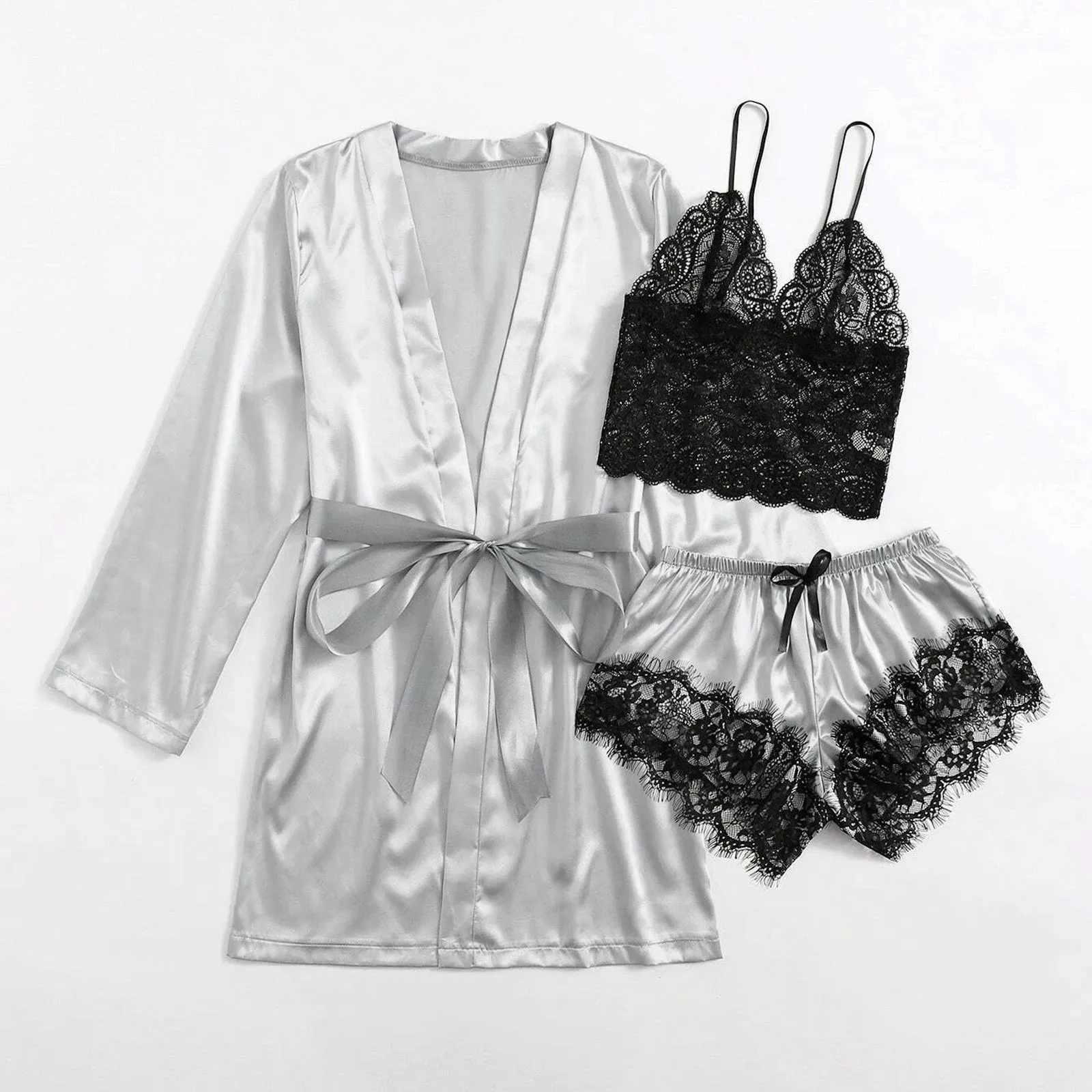 3-Piece Satin Silk Pajamas Set for Women – Sexy Lace Nightwear with Shorts, Robe, and Nightgown Sleepwear