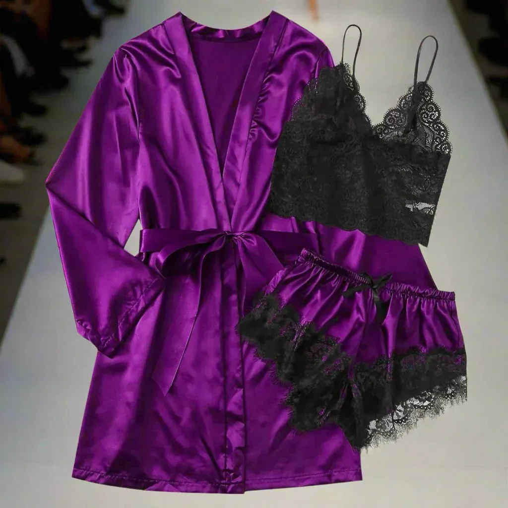 3-Piece Satin Silk Pajamas Set for Women – Sexy Lace Nightwear with Shorts, Robe, and Nightgown Sleepwear