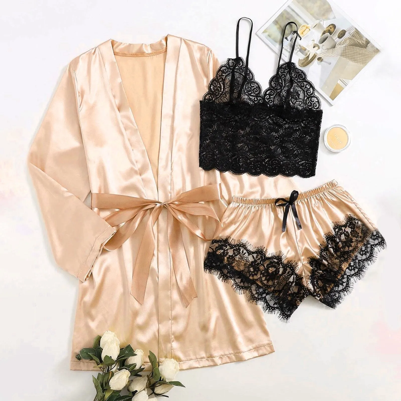 3-Piece Satin Silk Pajamas Set for Women – Sexy Lace Nightwear with Shorts, Robe, and Nightgown Sleepwear