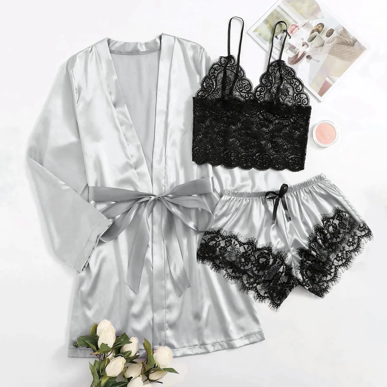 3-Piece Satin Silk Pajamas Set for Women – Sexy Lace Nightwear with Shorts, Robe, and Nightgown Sleepwear