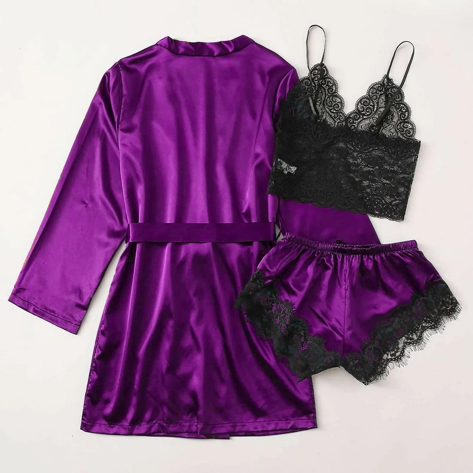 3-Piece Satin Silk Pajamas Set for Women – Sexy Lace Nightwear with Shorts, Robe, and Nightgown Sleepwear