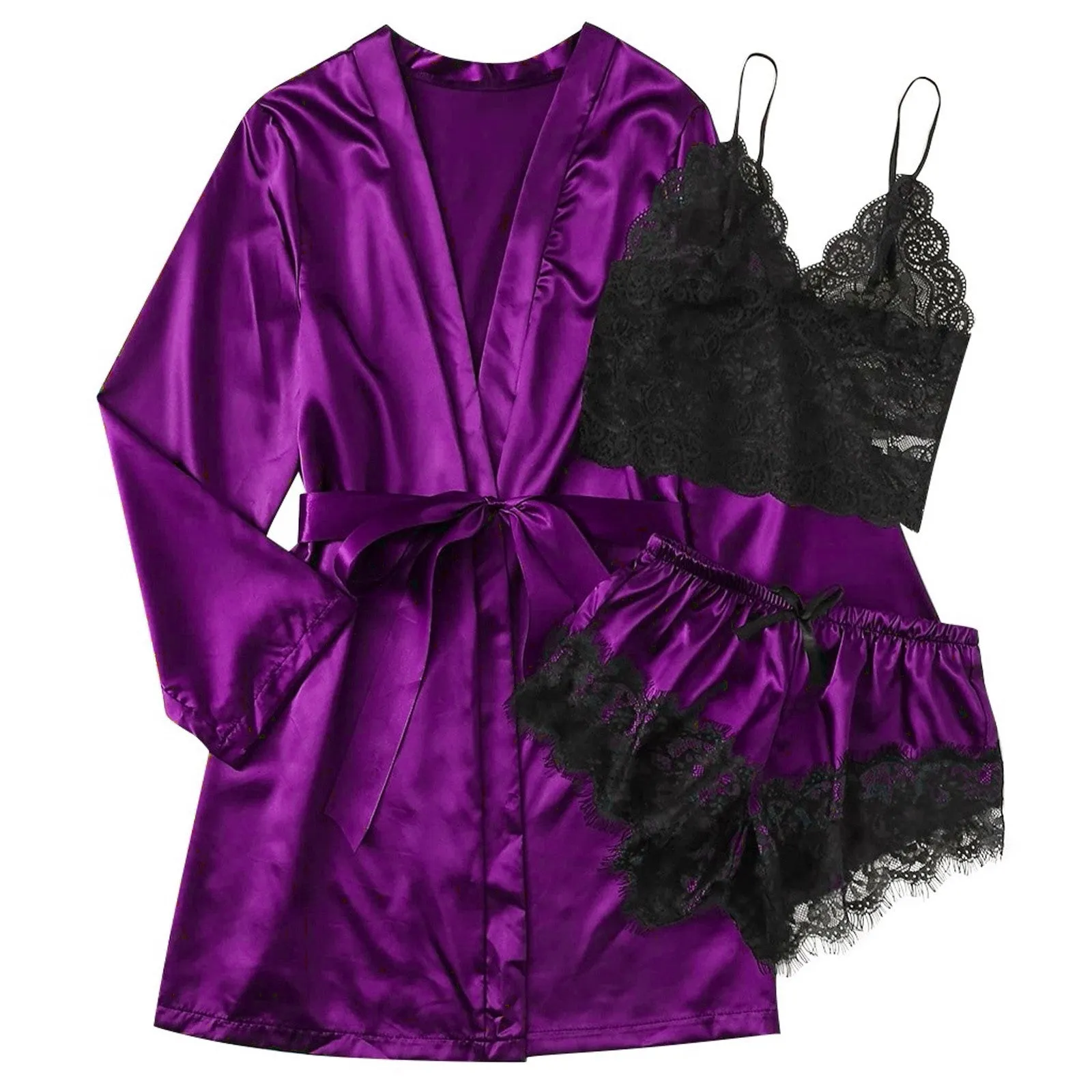 3-Piece Satin Silk Pajamas Set for Women – Sexy Lace Nightwear with Shorts, Robe, and Nightgown Sleepwear