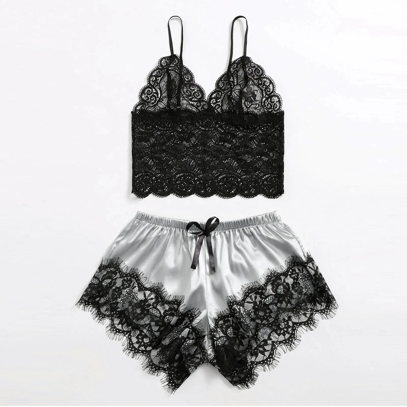 3-Piece Satin Silk Pajamas Set for Women – Sexy Lace Nightwear with Shorts, Robe, and Nightgown Sleepwear