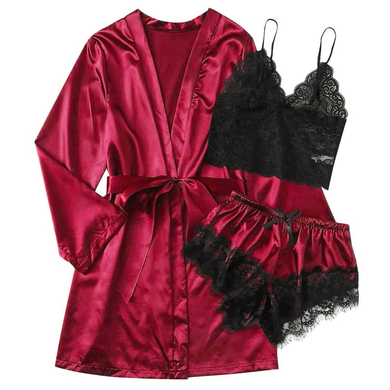3-Piece Satin Silk Pajamas Set for Women – Sexy Lace Nightwear with Shorts, Robe, and Nightgown Sleepwear