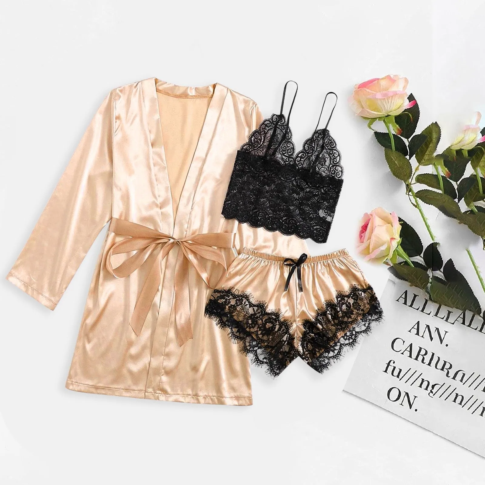 3-Piece Satin Silk Pajamas Set for Women – Sexy Lace Nightwear with Shorts, Robe, and Nightgown Sleepwear