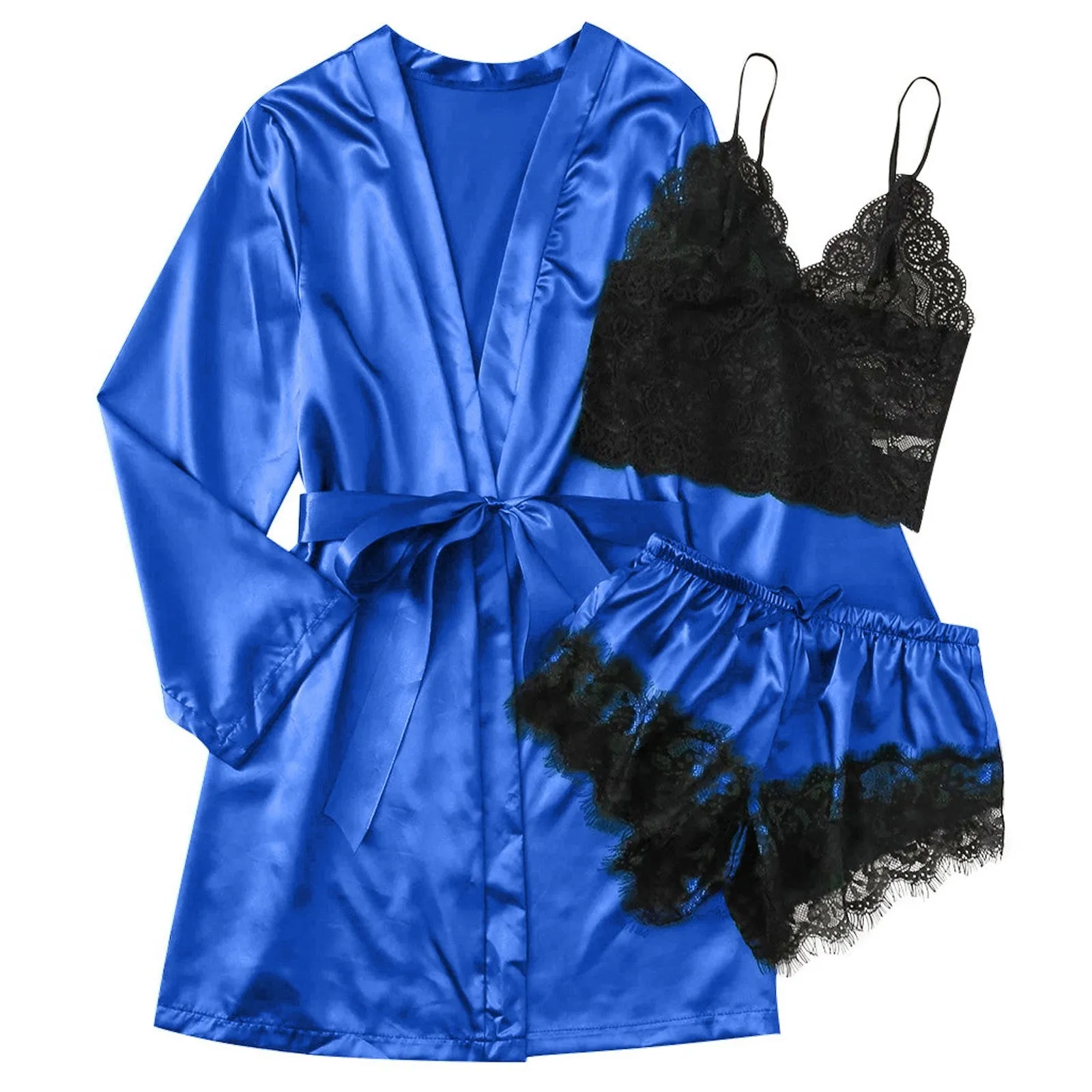 3-Piece Satin Silk Pajamas Set for Women – Sexy Lace Nightwear with Shorts, Robe, and Nightgown Sleepwear