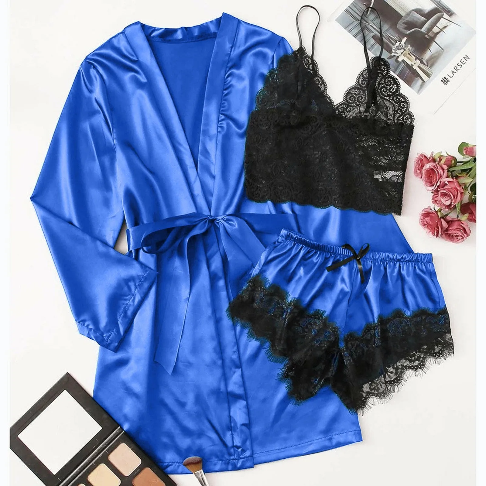 3-Piece Satin Silk Pajamas Set for Women – Sexy Lace Nightwear with Shorts, Robe, and Nightgown Sleepwear
