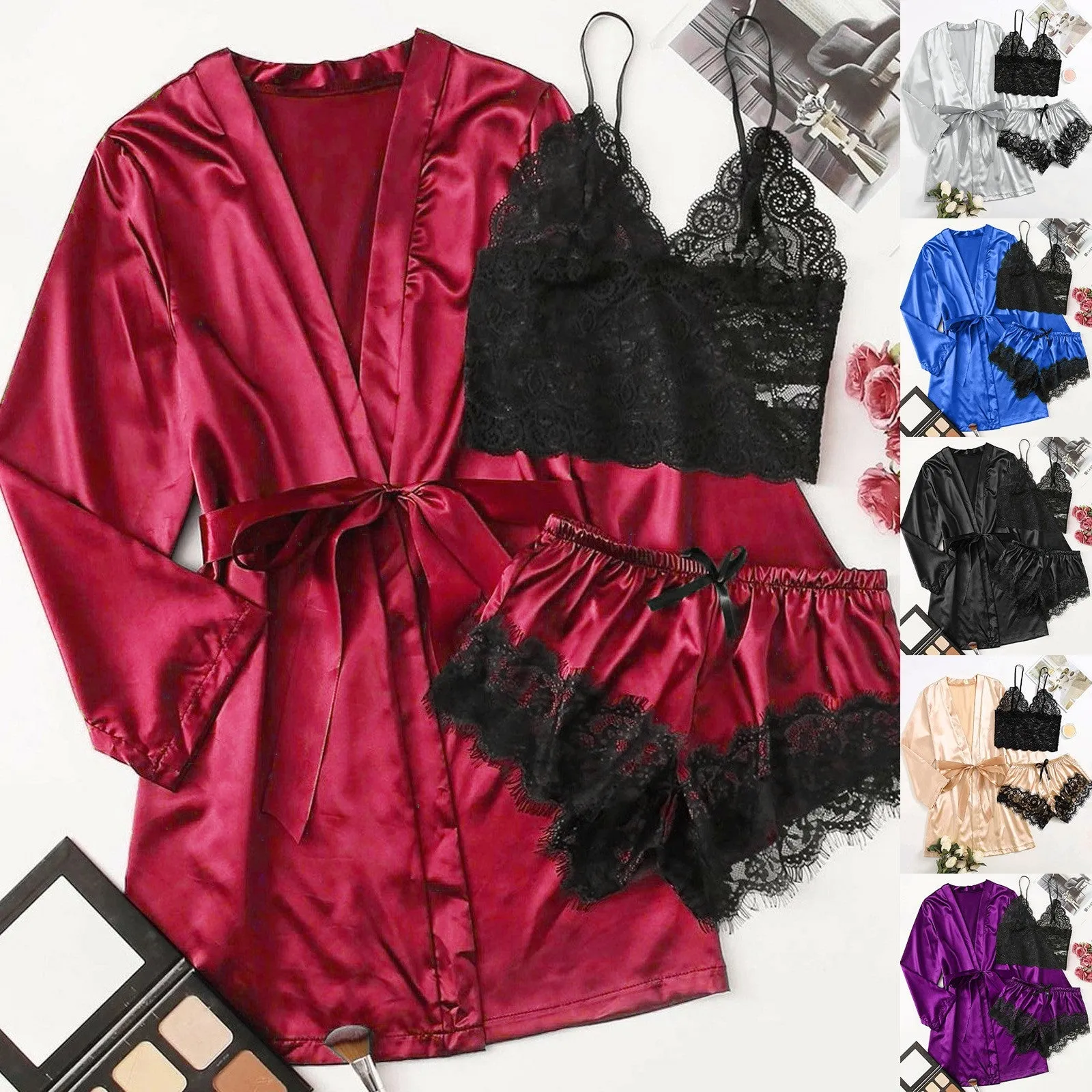 3-Piece Satin Silk Pajamas Set for Women – Sexy Lace Nightwear with Shorts, Robe, and Nightgown Sleepwear