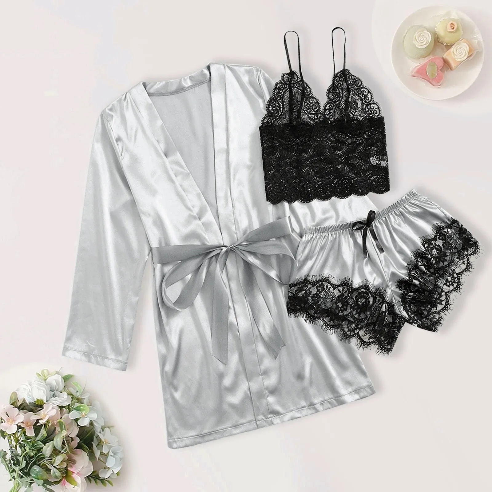 3-Piece Satin Silk Pajamas Set for Women – Sexy Lace Nightwear with Shorts, Robe, and Nightgown Sleepwear