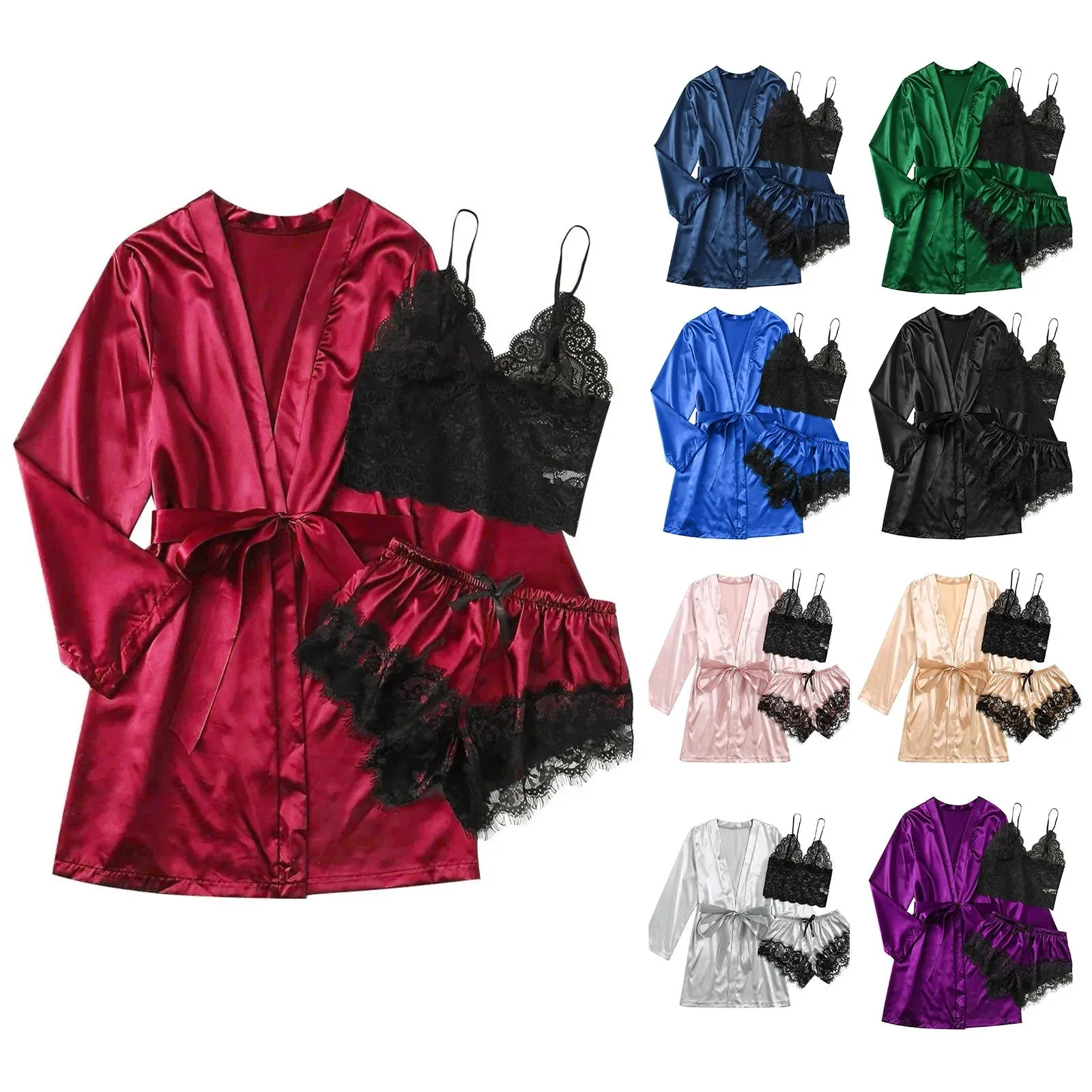 3-Piece Satin Silk Pajamas Set for Women – Sexy Lace Nightwear with Shorts, Robe, and Nightgown Sleepwear