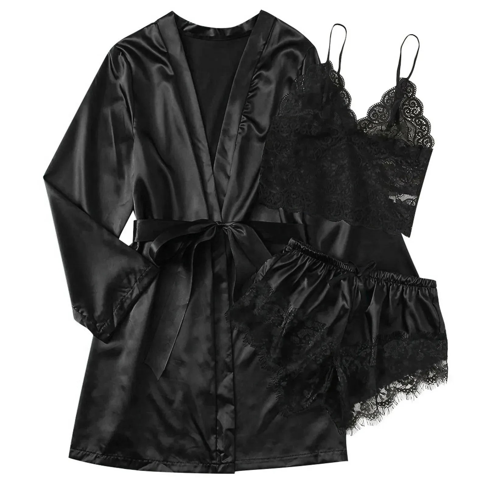 3-Piece Satin Silk Pajamas Set for Women – Sexy Lace Nightwear with Shorts, Robe, and Nightgown Sleepwear