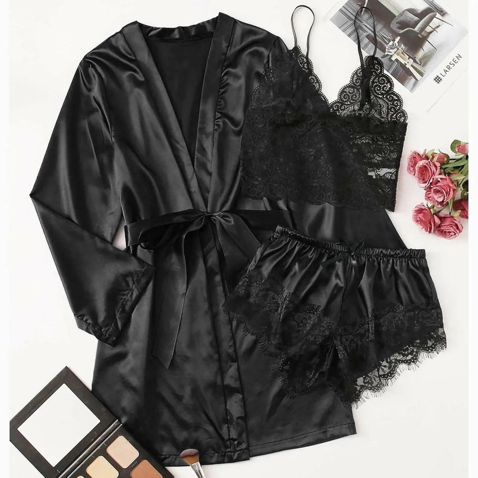 3-Piece Satin Silk Pajamas Set for Women – Sexy Lace Nightwear with Shorts, Robe, and Nightgown Sleepwear
