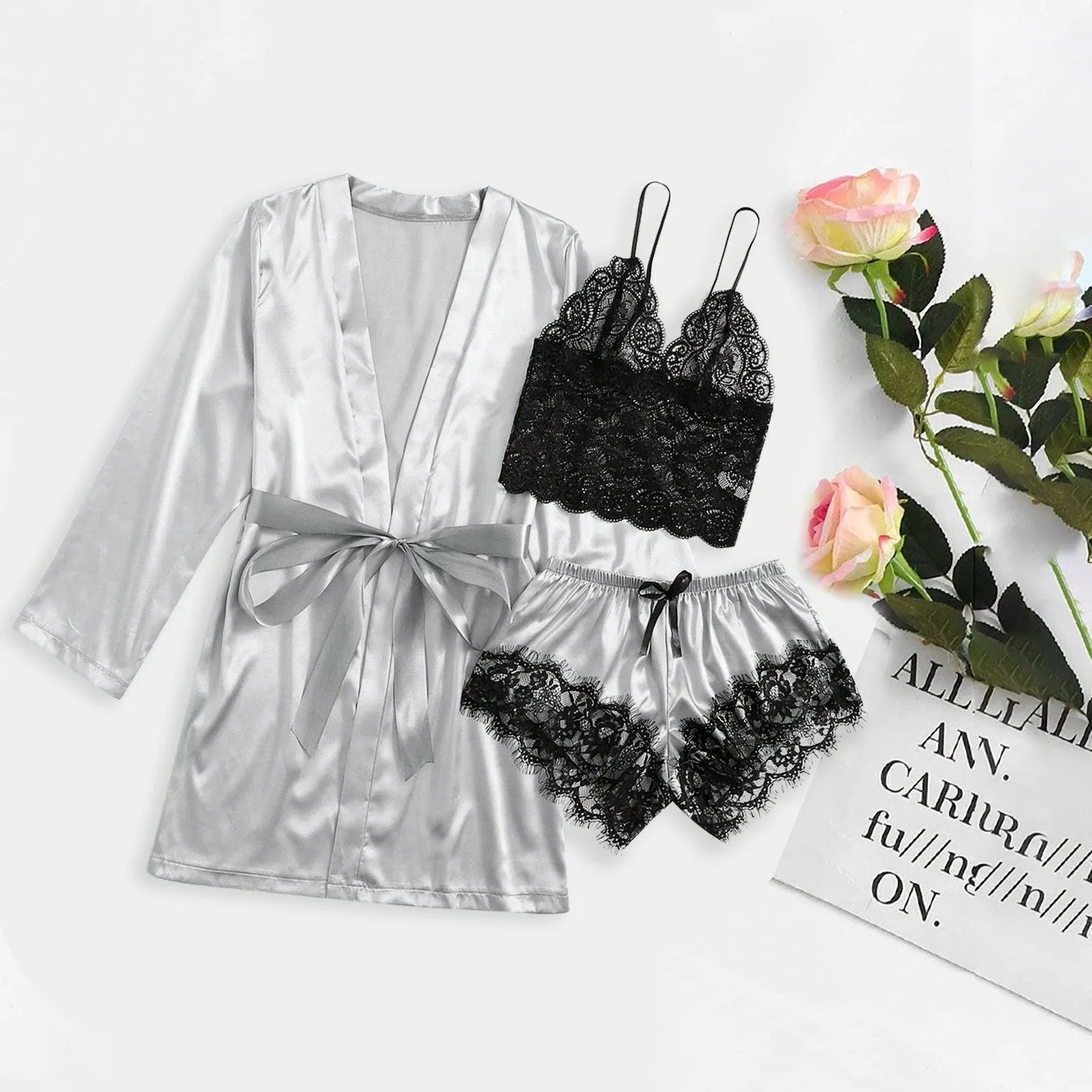 3-Piece Satin Silk Pajamas Set for Women – Sexy Lace Nightwear with Shorts, Robe, and Nightgown Sleepwear
