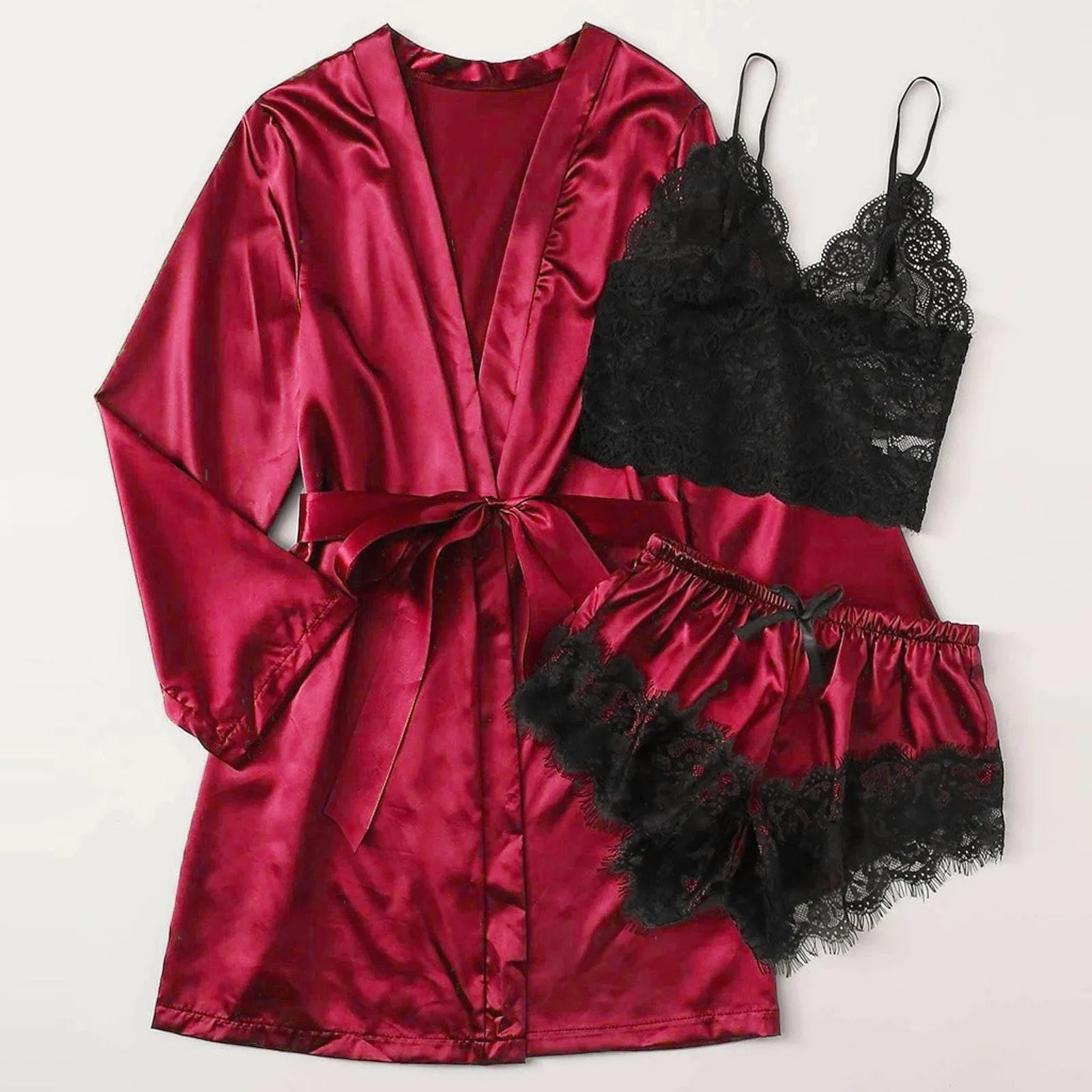 3-Piece Satin Silk Pajamas Set for Women – Sexy Lace Nightwear with Shorts, Robe, and Nightgown Sleepwear
