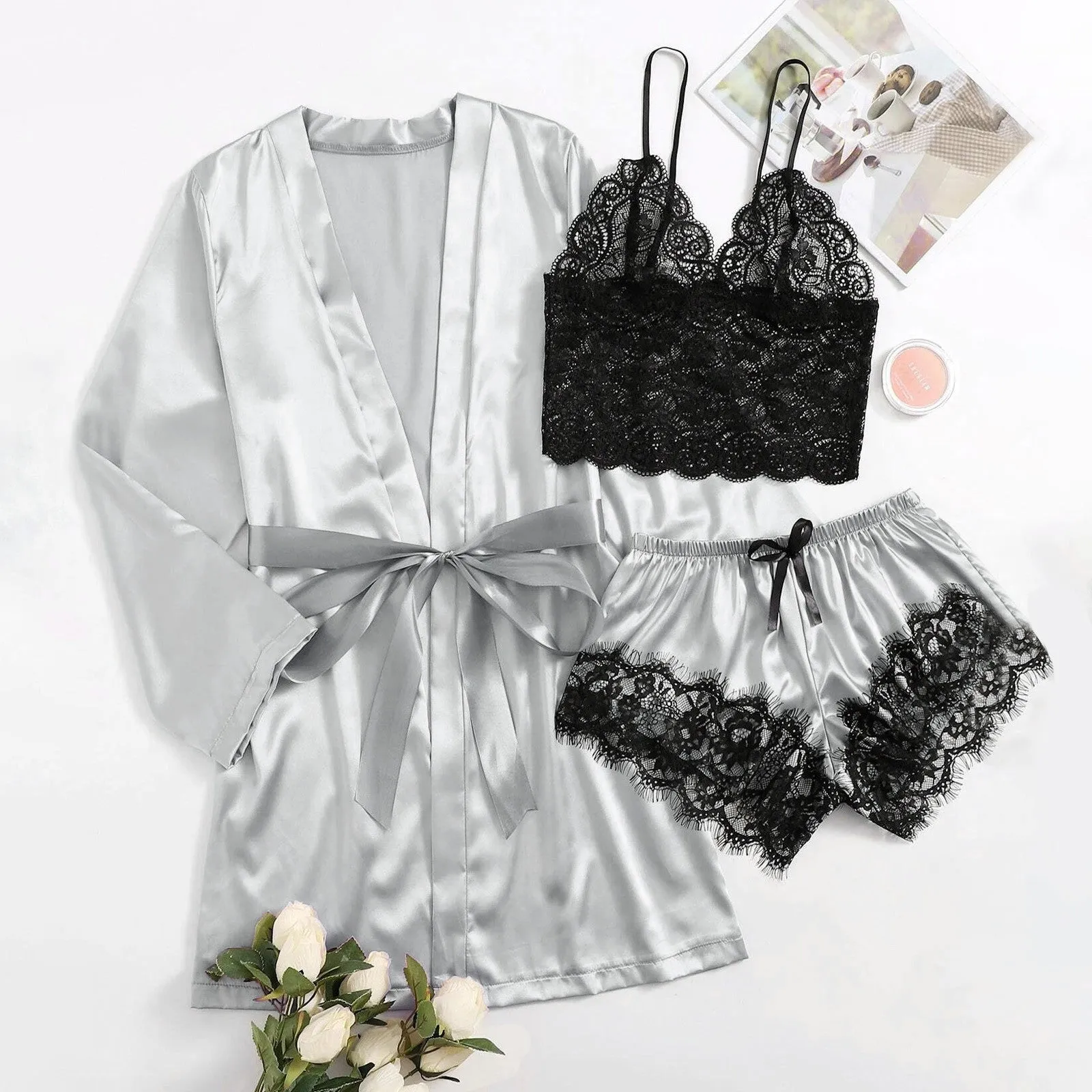 3-Piece Satin Silk Pajamas Set for Women – Sexy Lace Nightwear with Shorts, Robe, and Nightgown Sleepwear