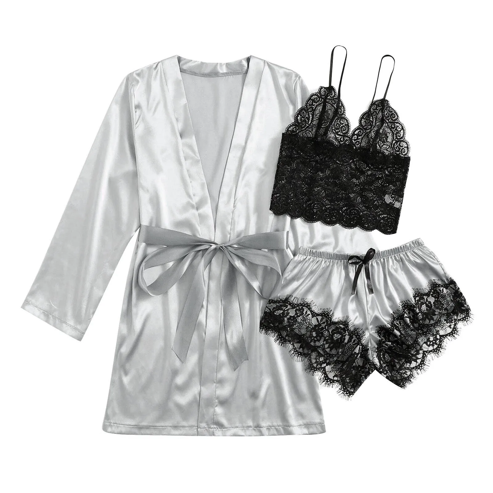 3-Piece Satin Silk Pajamas Set for Women – Sexy Lace Nightwear with Shorts, Robe, and Nightgown Sleepwear