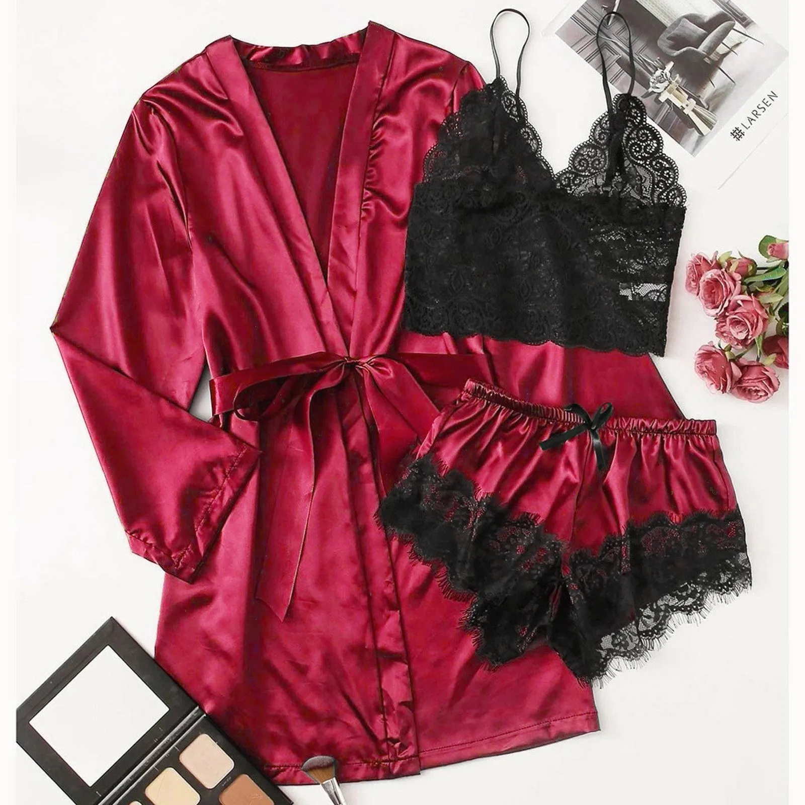 3-Piece Satin Silk Pajamas Set for Women – Sexy Lace Nightwear with Shorts, Robe, and Nightgown Sleepwear