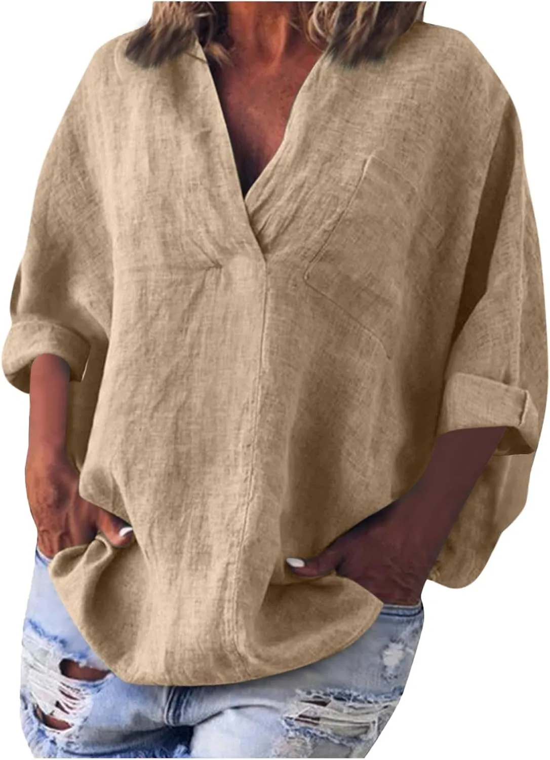 3/4 Sleeve Linen Tops for Women 2025 Oversized Loose Fit V Neck Shirts Summer Casual Beach Tunic Blouse Tee Sun Shirts