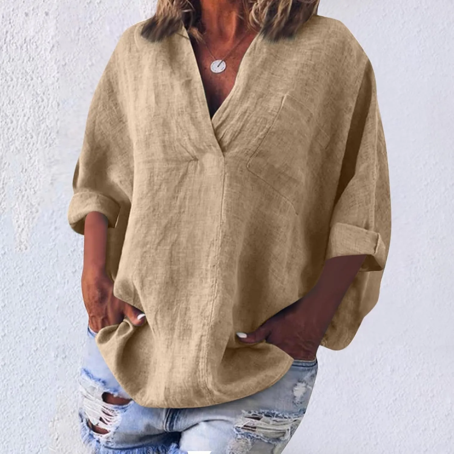 3/4 Sleeve Linen Tops for Women 2025 Oversized Loose Fit V Neck Shirts Summer Casual Beach Tunic Blouse Tee Sun Shirts