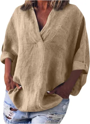 3/4 Sleeve Linen Tops for Women 2025 Oversized Loose Fit V Neck Shirts Summer Casual Beach Tunic Blouse Tee Sun Shirts