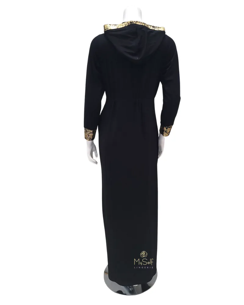 416-R Gold Foil Black Cotton Zippered Morning Robe w/ Hood