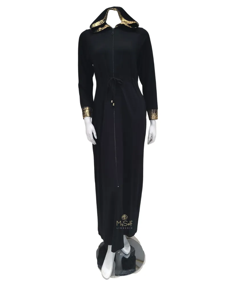 416-R Gold Foil Black Cotton Zippered Morning Robe w/ Hood
