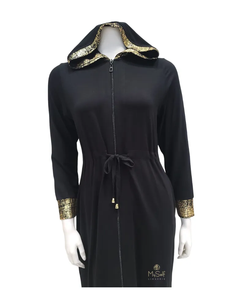 416-R Gold Foil Black Cotton Zippered Morning Robe w/ Hood