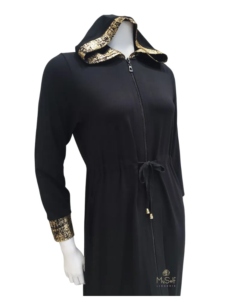 416-R Gold Foil Black Cotton Zippered Morning Robe w/ Hood