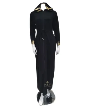 416-R Gold Foil Black Cotton Zippered Morning Robe w/ Hood