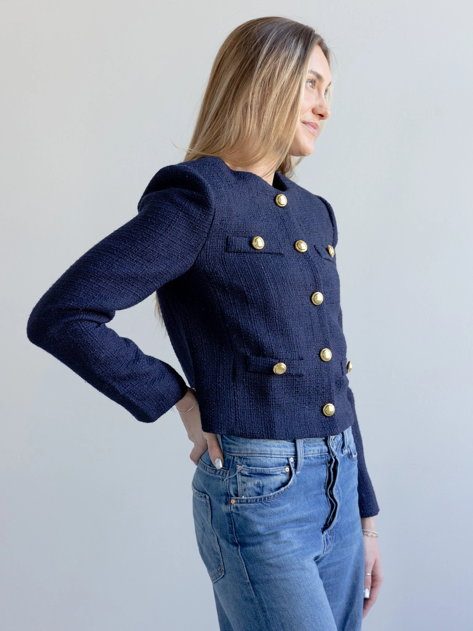 Claire Tweed Button Jacket Cross Ventilation Panels Magnetic Fasteners