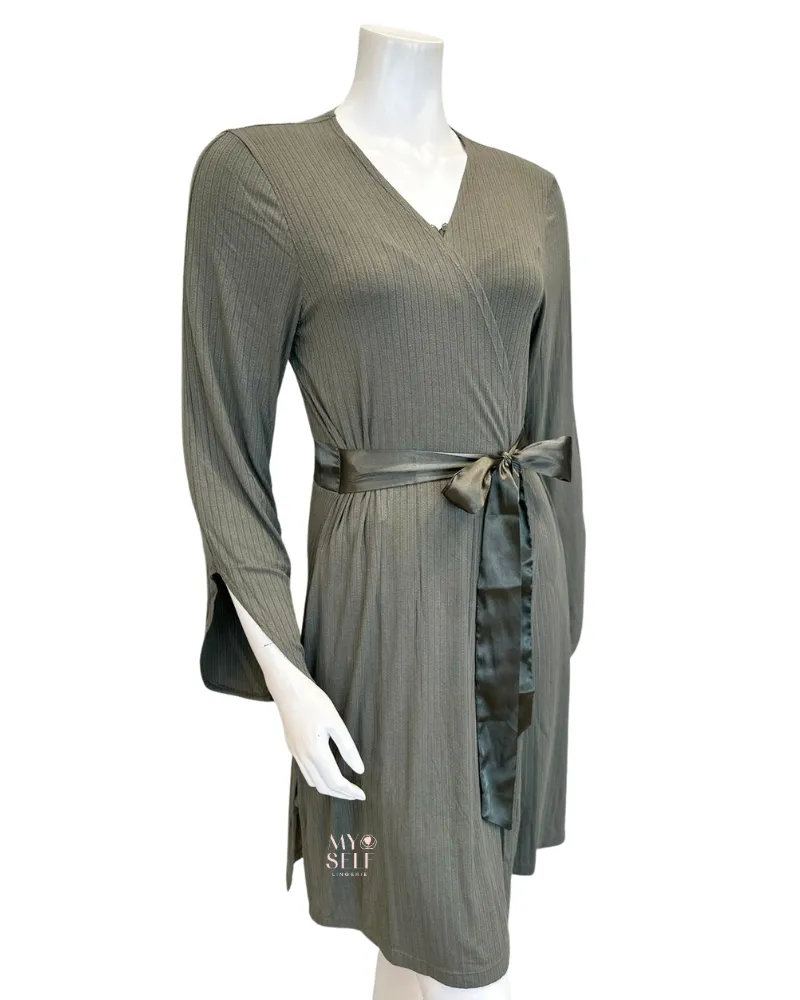 6312 Dusty Olive Whisper Pointelle Modal Short Morning Robe