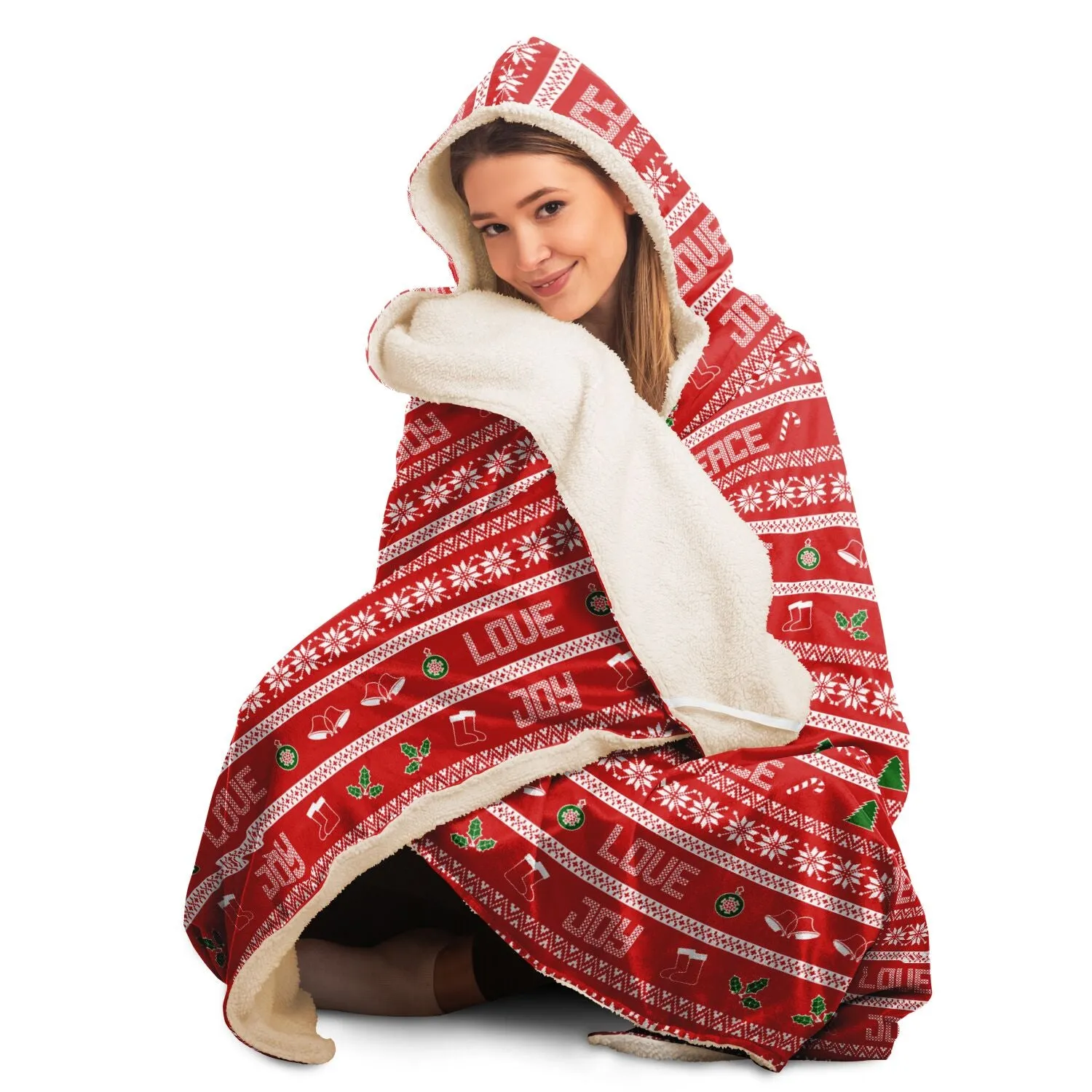 65 MCMLXV Unisex Peace Love Joy Red Christmas Print Hooded Blanket