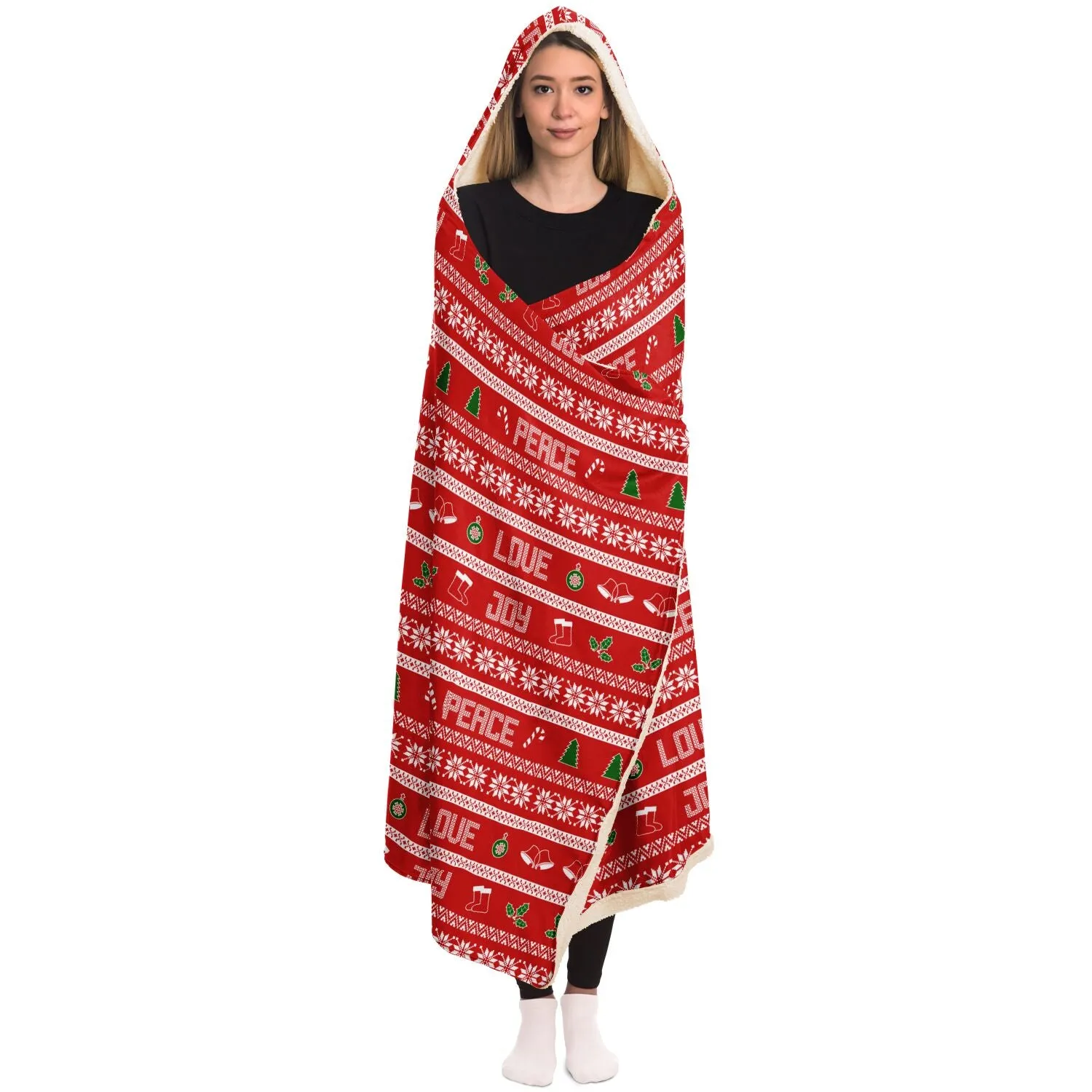 65 MCMLXV Unisex Peace Love Joy Red Christmas Print Hooded Blanket