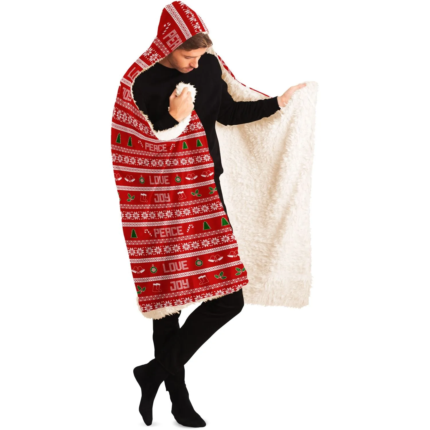 65 MCMLXV Unisex Peace Love Joy Red Christmas Print Hooded Blanket
